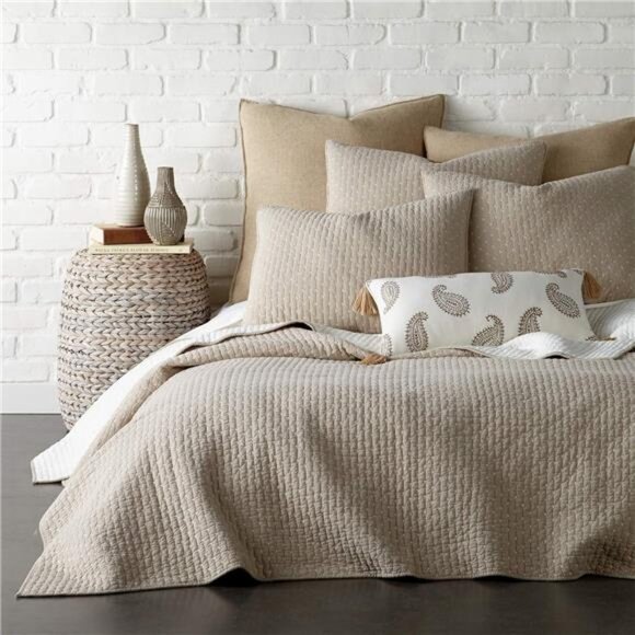 Home - Cross Stitch Taupe Quilt Set - King/Cal King Quilt +Two King Pillow Shams - Picture 1 of 7
